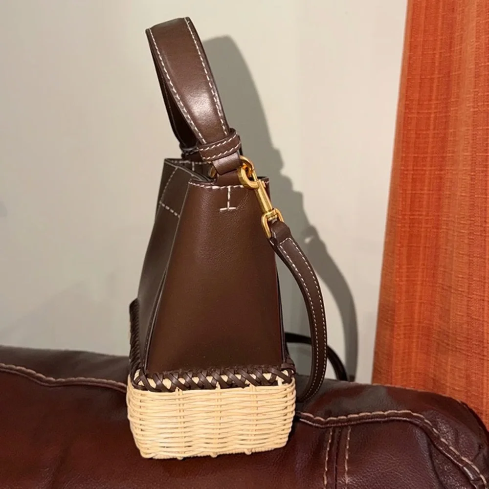 ‼️Tory Burch McGraw Small Wicker Brown Leather Bucket Bag Crossbody Bag